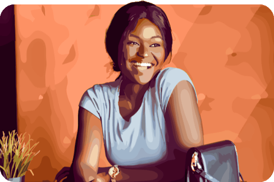 Lojista sorrindo, sentada à mesa de um café